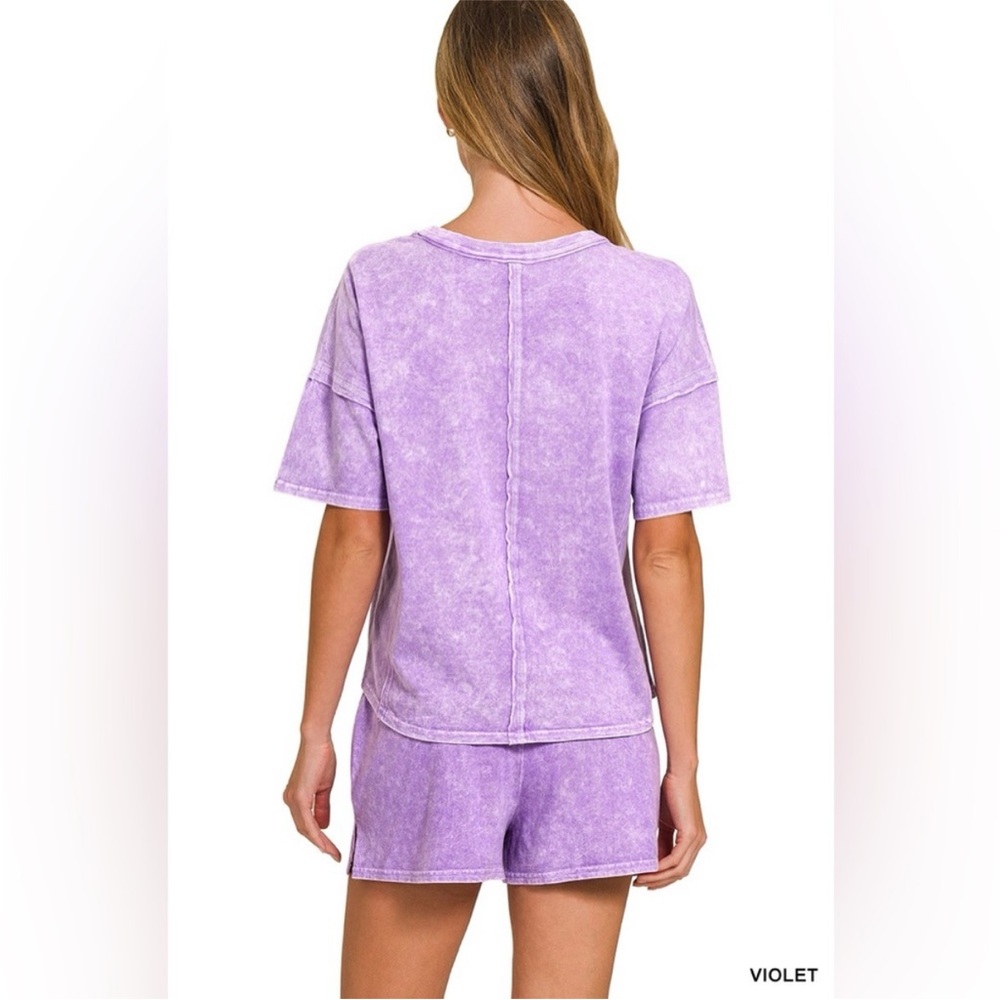 Zenana Outfitters Violet Washed Lounge Tee and Shorts Set - Picture 3 of 3